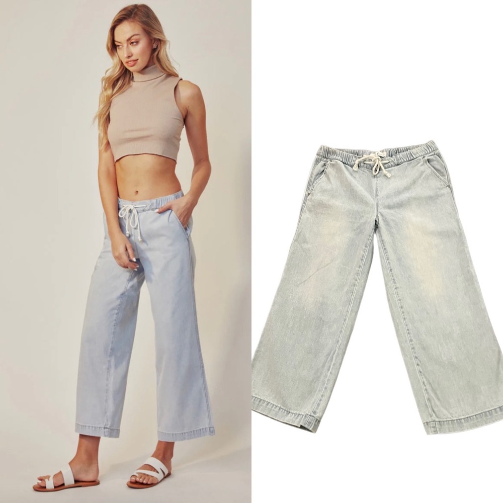 KanCan Light Wash Wide Leg Jeans Drawstring Waist High Rise Casual Size 28